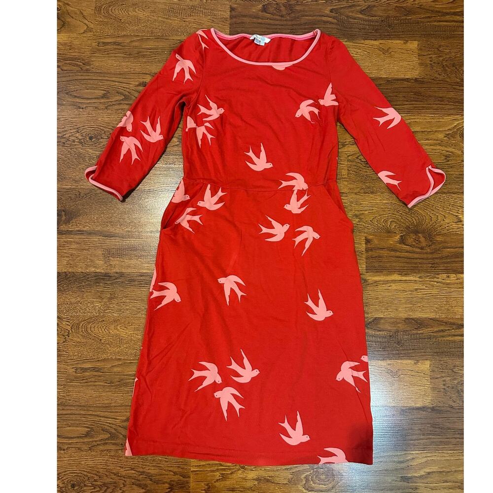 Boden Jessie Jersey Dress Women’s 6R Red Pink Swallow Print 3/4 Sleeve Vibrant